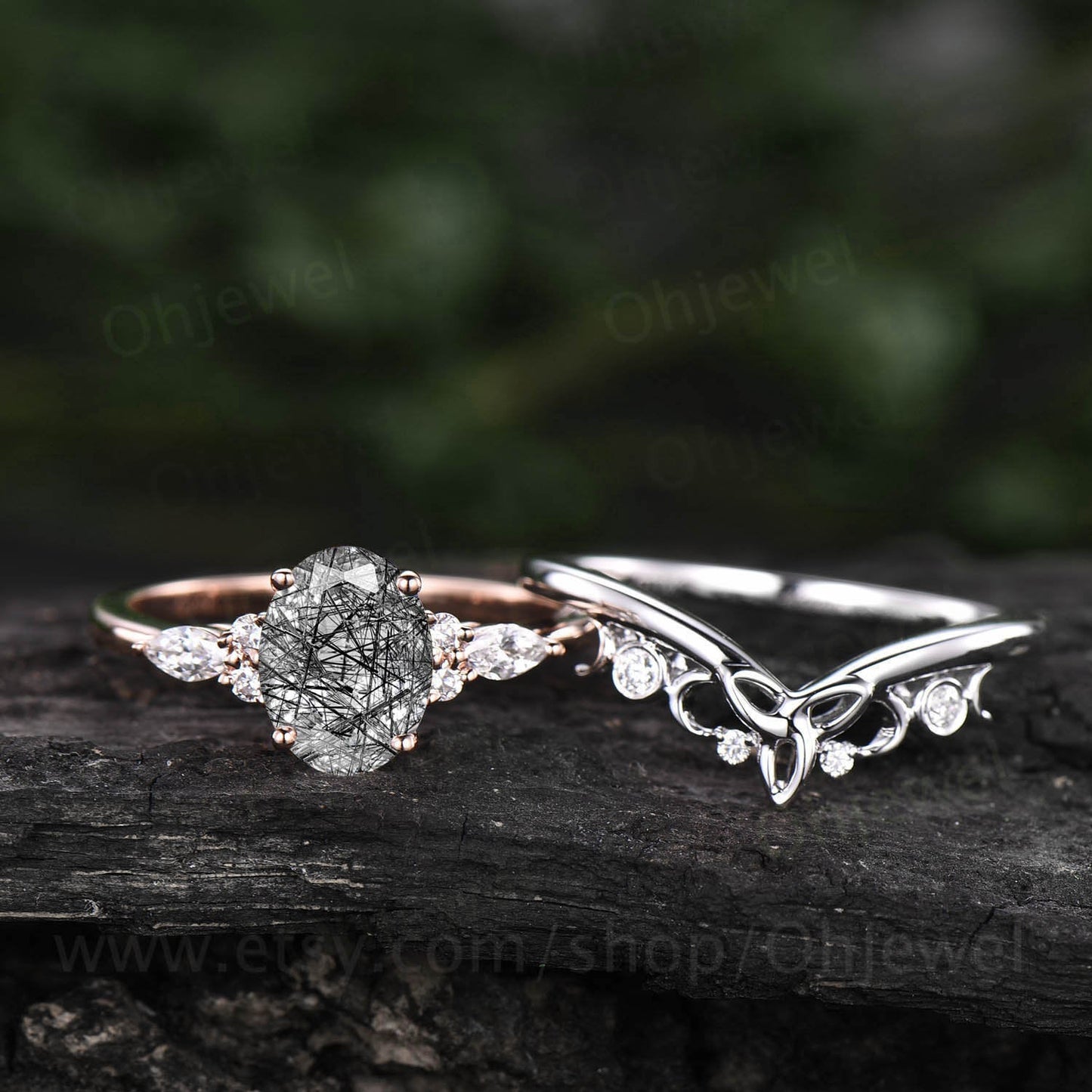 Vintage oval black rutilated quartz engagement ring set moissanite rose gold silver bridal ring women marquise Norse Viking ring jewelry