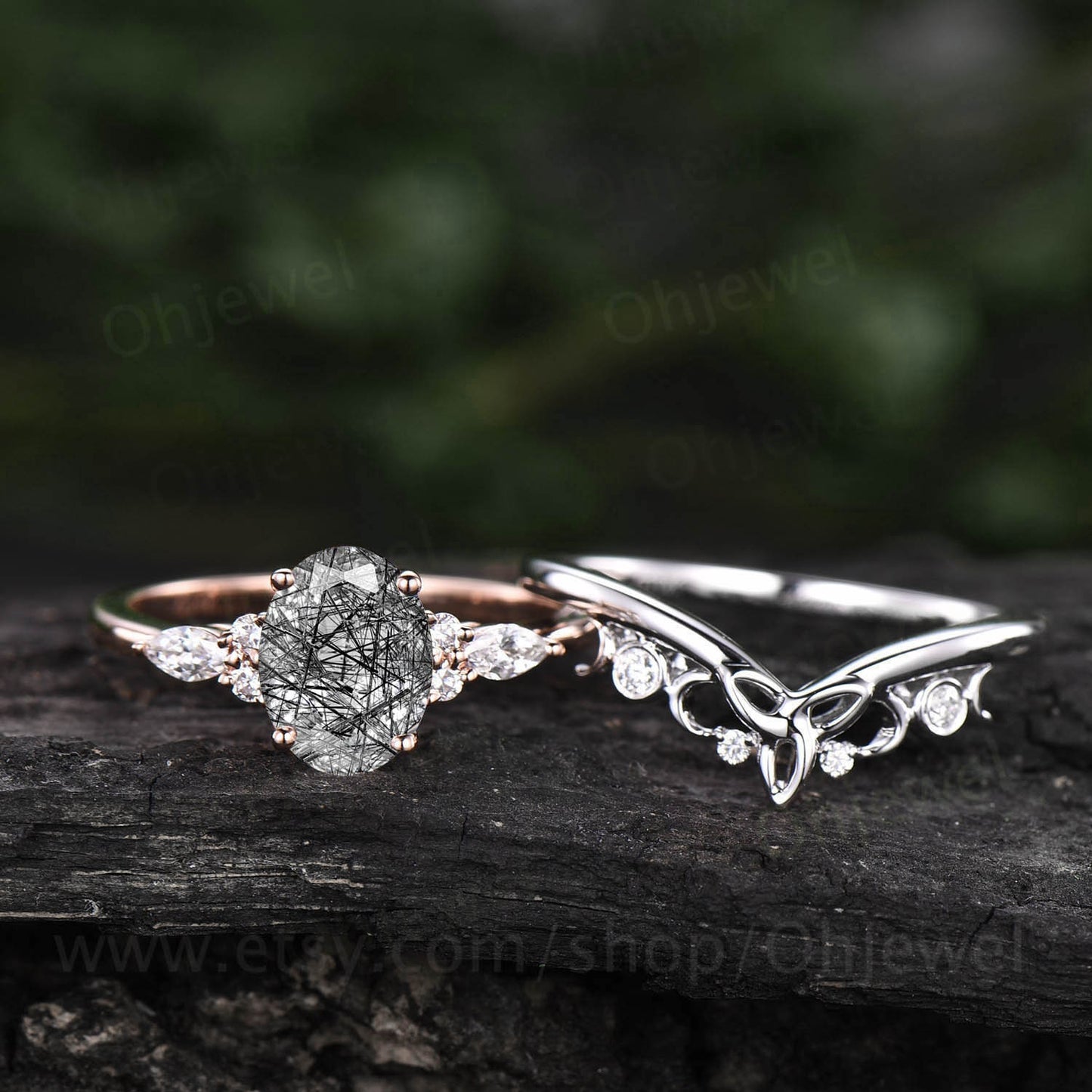 Unique vintage oval black rutilated quartz engagement ring set 7 stone moissanite ring for women rose gold silver norse viking ring Jewelry