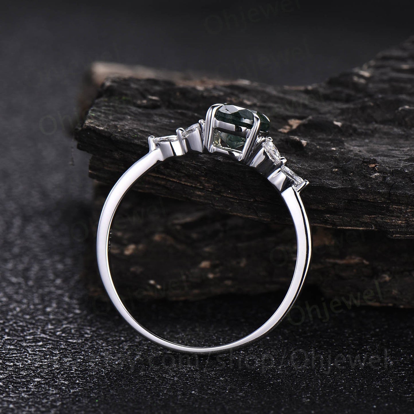 Vintage moss agate ring silver for women round moss agate engagement ring white gold flower art deco dainty moissanite bridal wedding ring