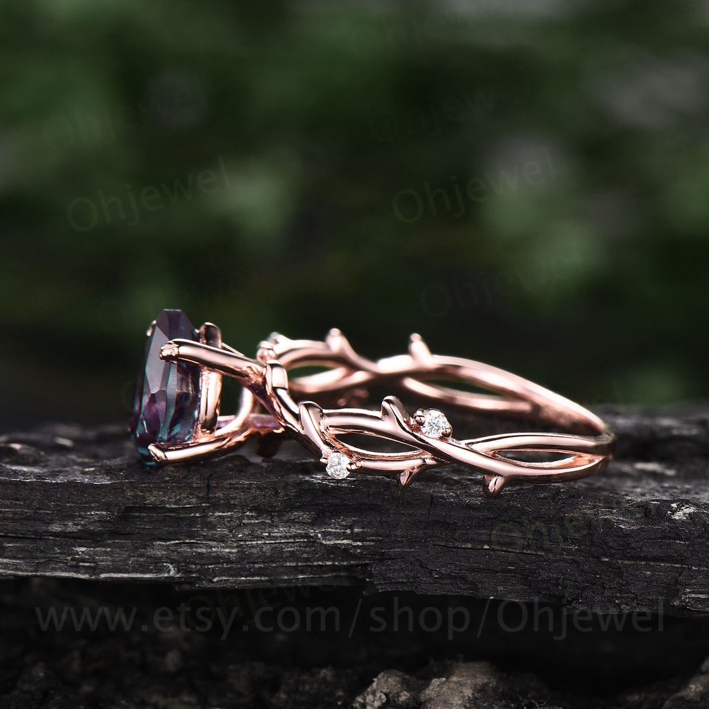 Vintage pear shaped alexandrite engagement ring leaf art deco 14k rose gold five stone diamond ring for women promise bridal ring jewelry