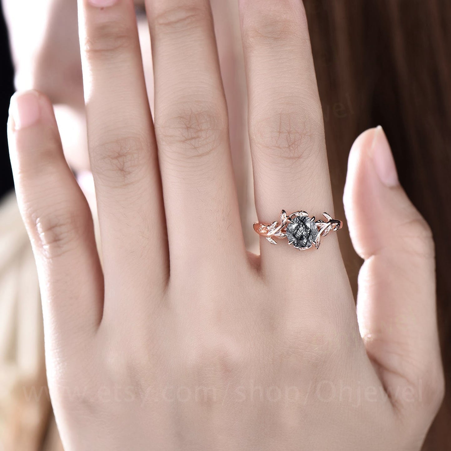 Vintage black rutilated quartz engagement ring leaf flower art deco rose gold silver round cut solitaire ring for women anniversary gifts