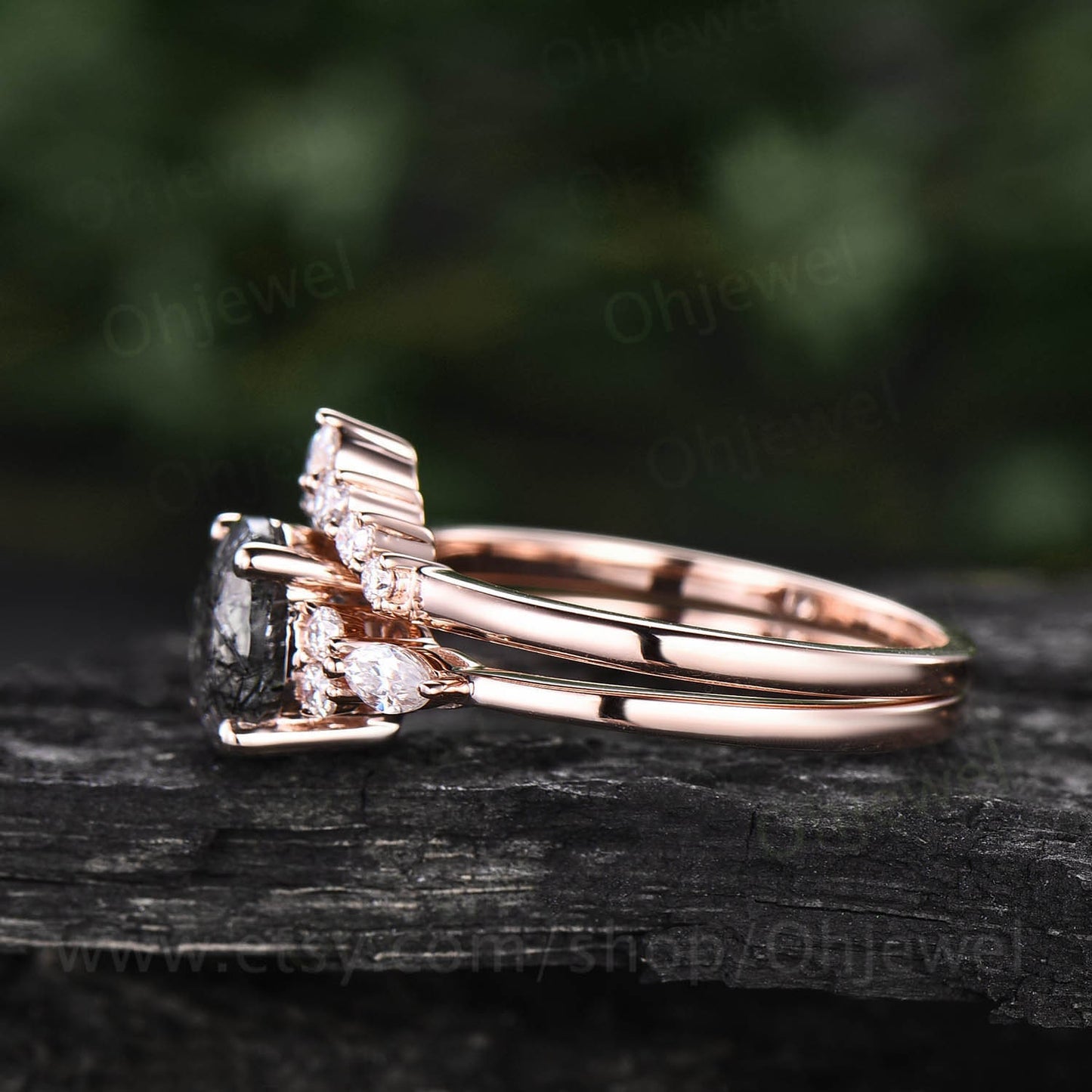 Vintage black rutilated quartz engagement ring set rose gold art deco moissanite ring for women unique wedding bridal anniversary ring set