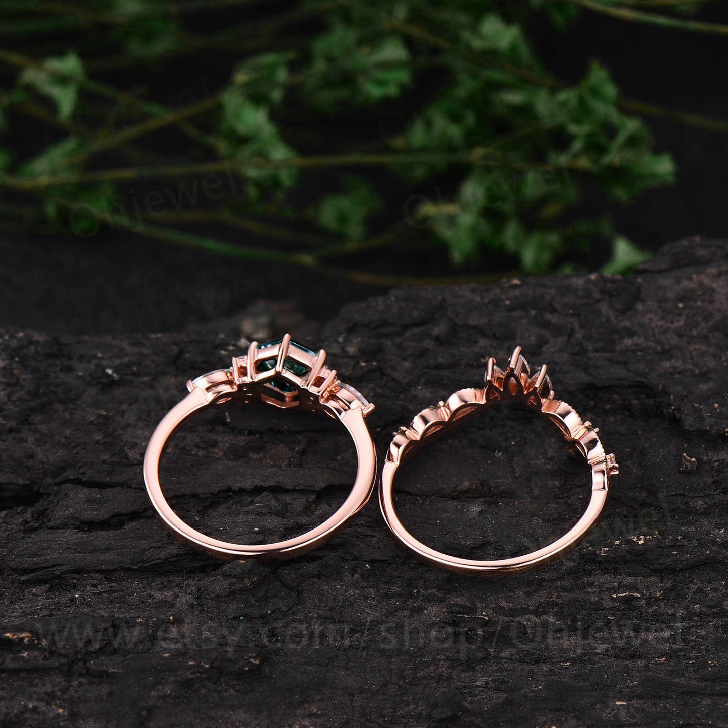 Hexagon Alexandrite engagement ring set art deco rose gold silver 7 stone ring moissanite ring set dainty custom ring bridal wedding set
