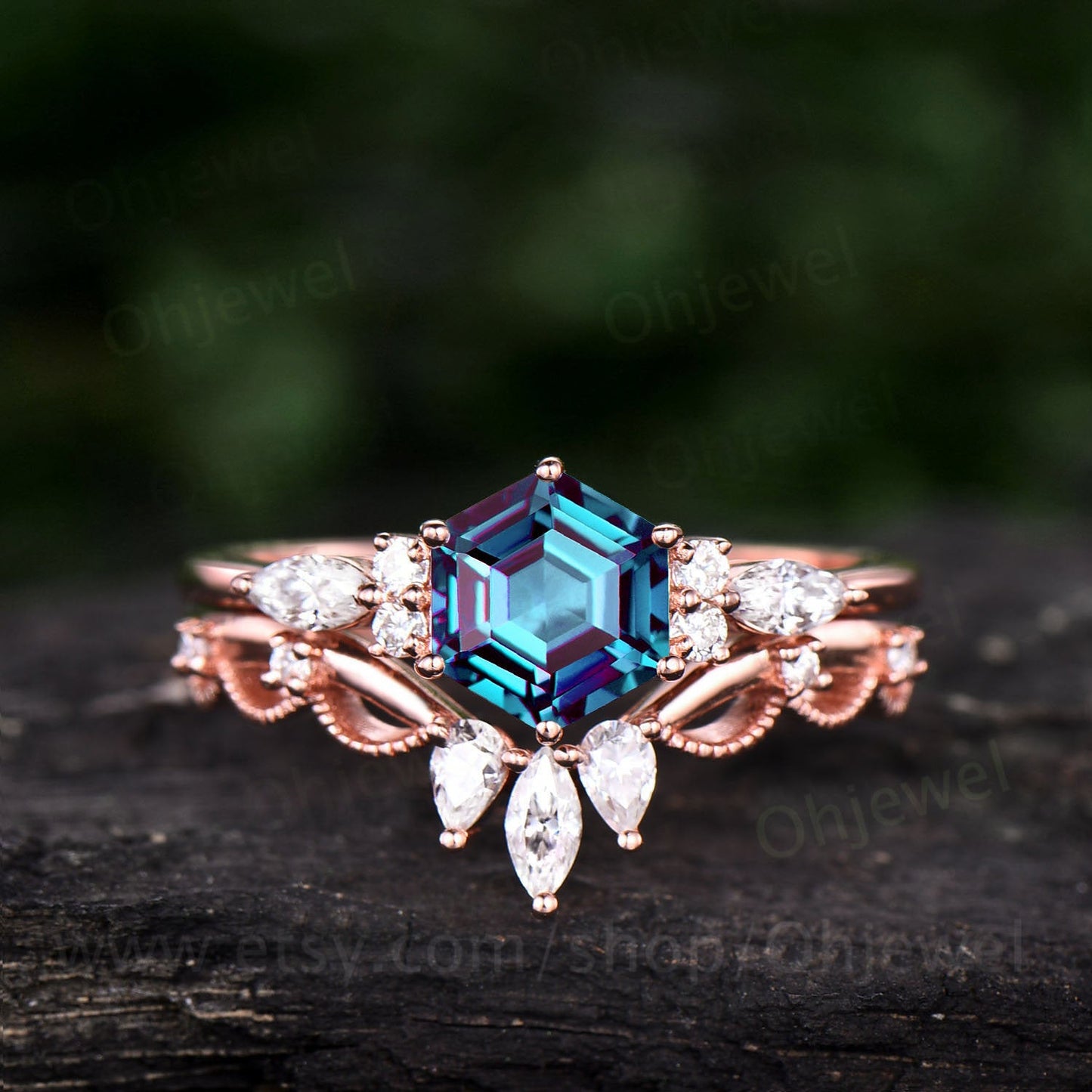 Hexagon Alexandrite engagement ring set art deco rose gold silver 7 stone ring moissanite ring set dainty custom ring bridal wedding set