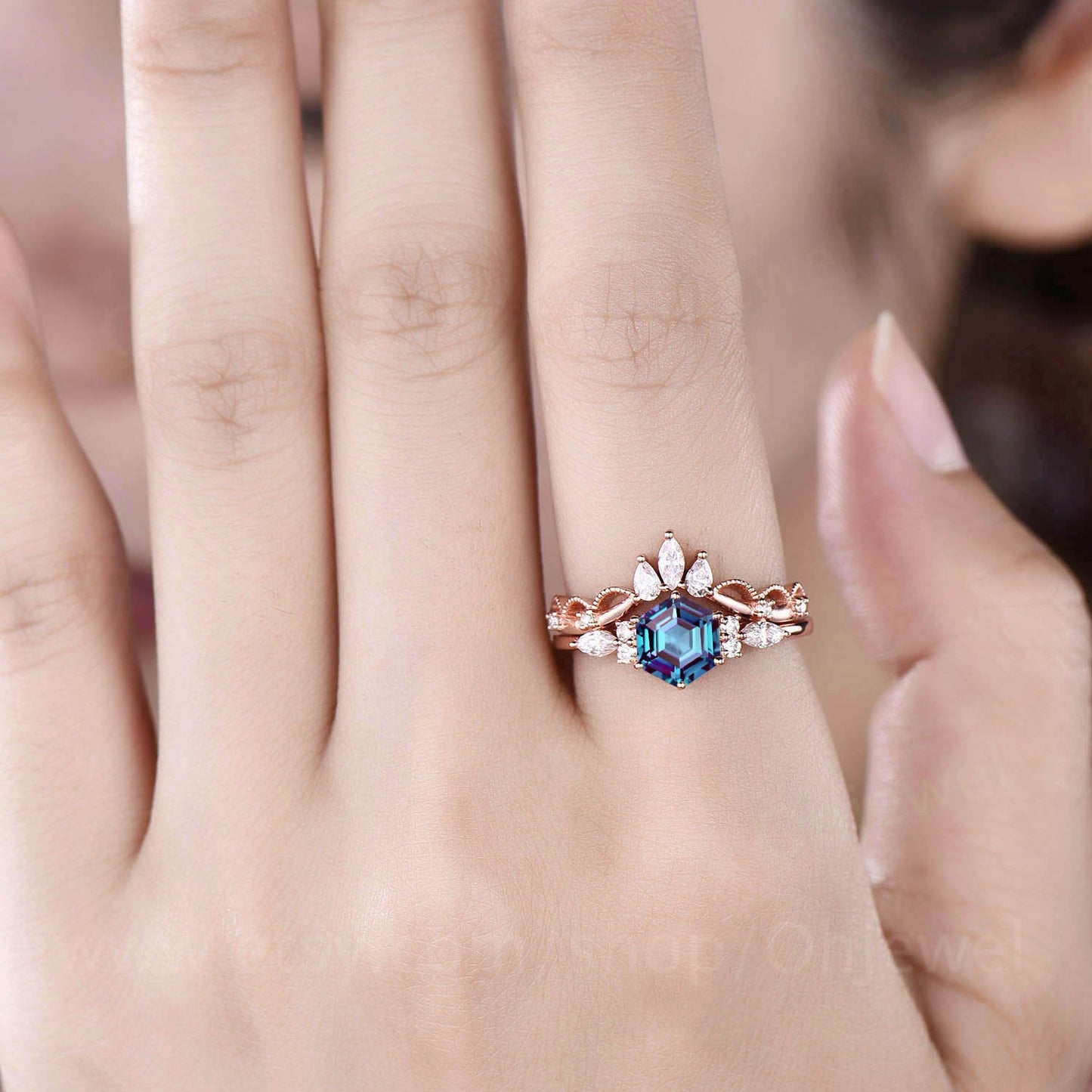 Hexagon Alexandrite engagement ring set art deco rose gold silver 7 stone ring moissanite ring set dainty custom ring bridal wedding set