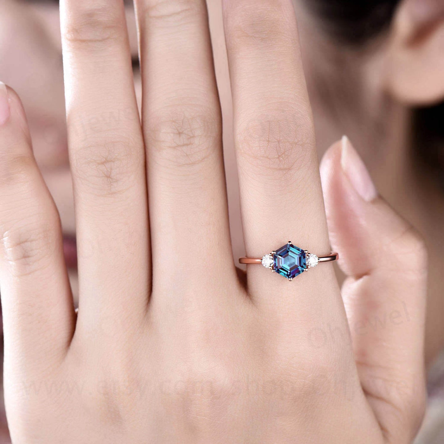 Hexagon Alexandrite ring for women vintage Alexandrite engagement ring rose gold silver three stone ring moissanite anniversary ring set