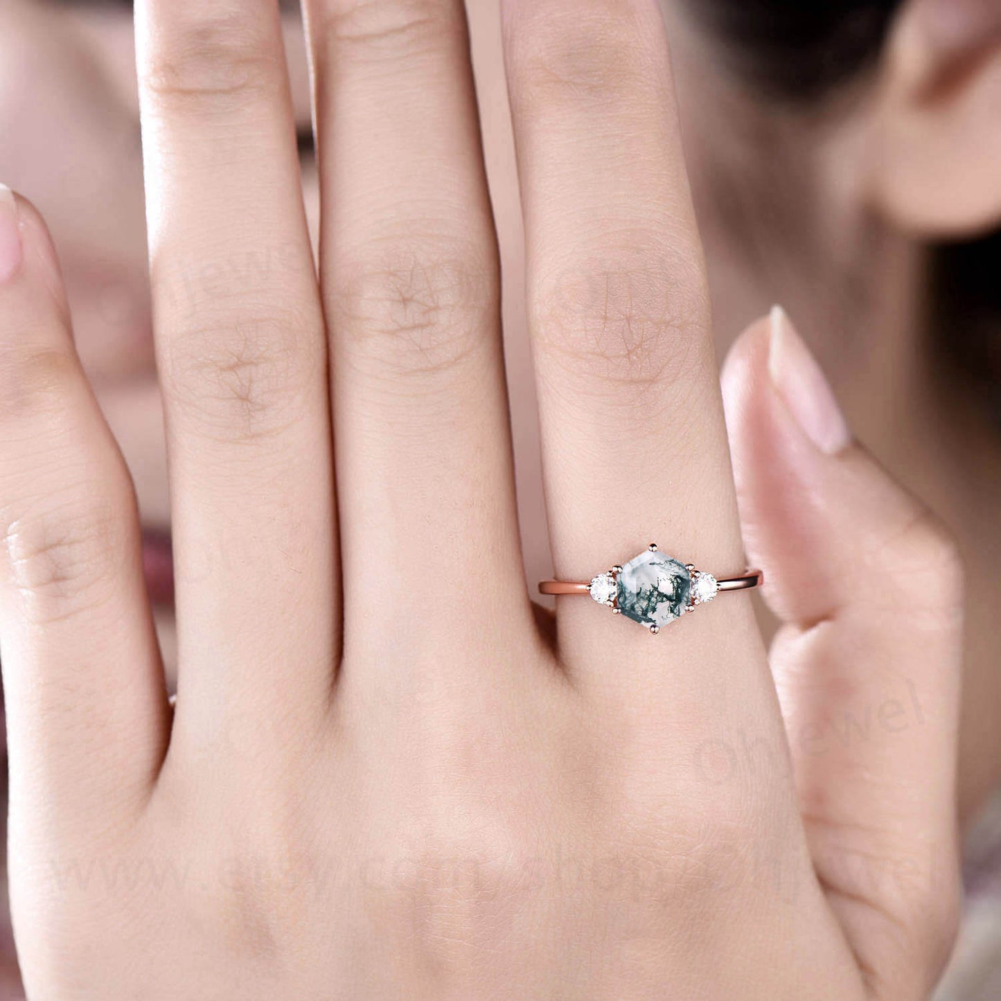 Hexagon moss agate ring vintage green moss agate engagement ring rose gold three stone moissanite ring for women six prong bridal ring gift