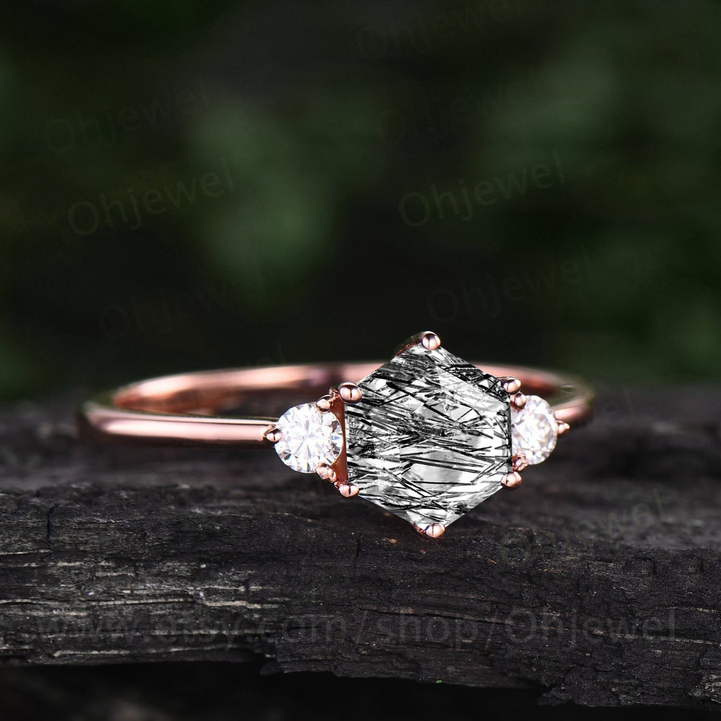 Hexagon black rutilated quartz engagement ring for women vintage three stone moissanite ring rose gold dainty ring silver anniversary ring