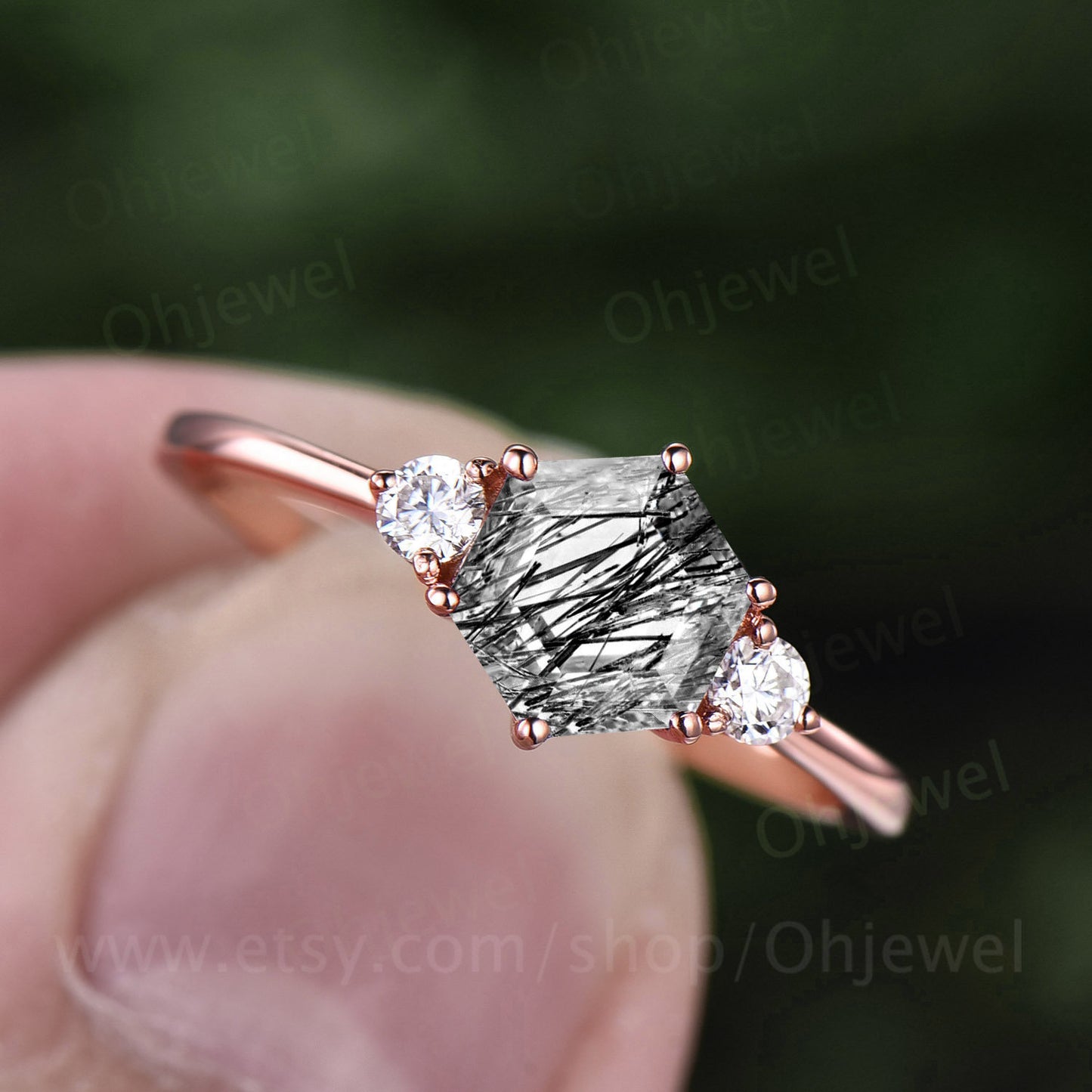 Hexagon black rutilated quartz engagement ring for women vintage three stone moissanite ring rose gold dainty ring silver anniversary ring