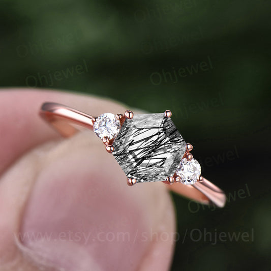 Hexagon black rutilated quartz engagement ring for women vintage three stone moissanite ring rose gold dainty ring silver anniversary ring
