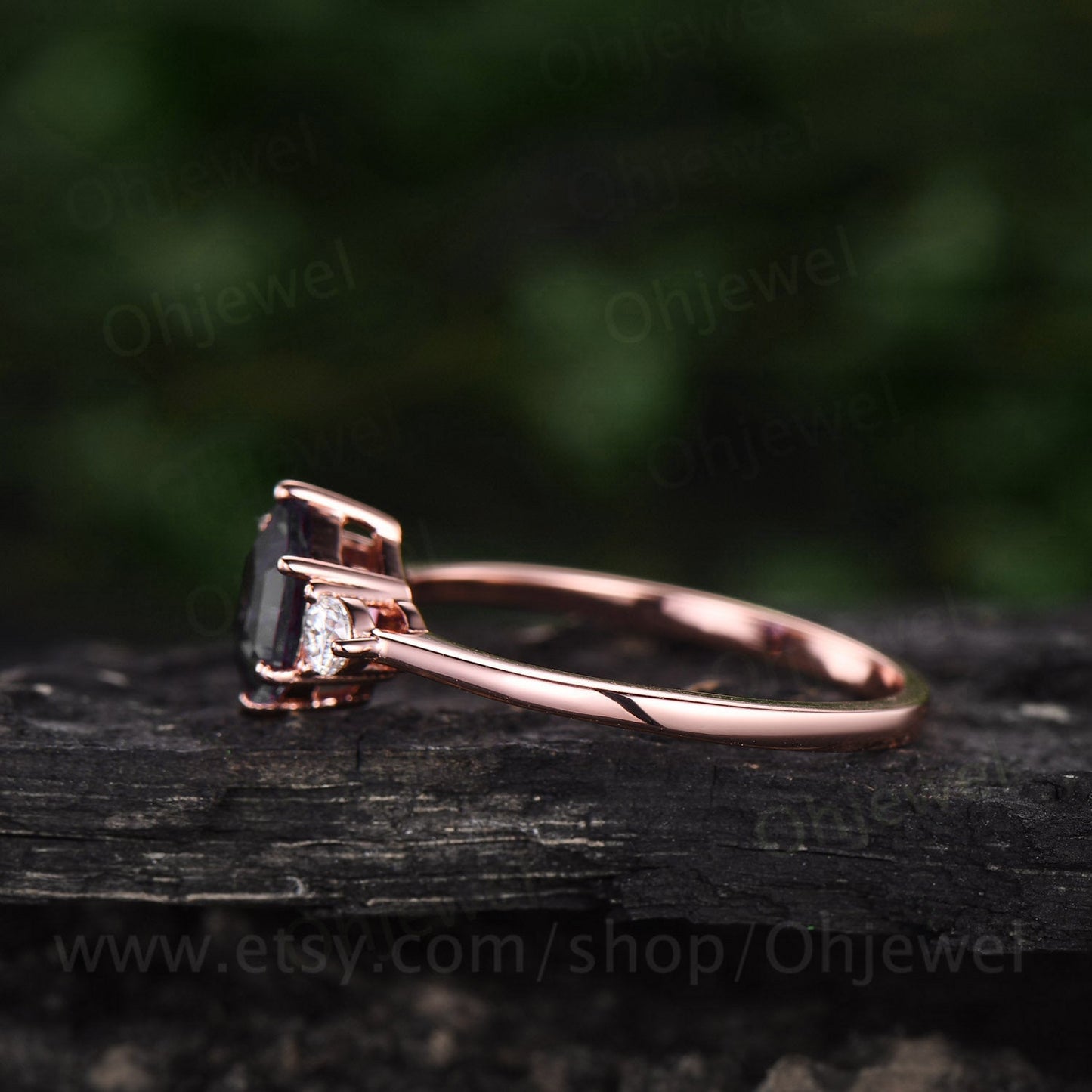 Hexagon black rutilated quartz engagement ring for women vintage three stone moissanite ring rose gold dainty ring silver anniversary ring