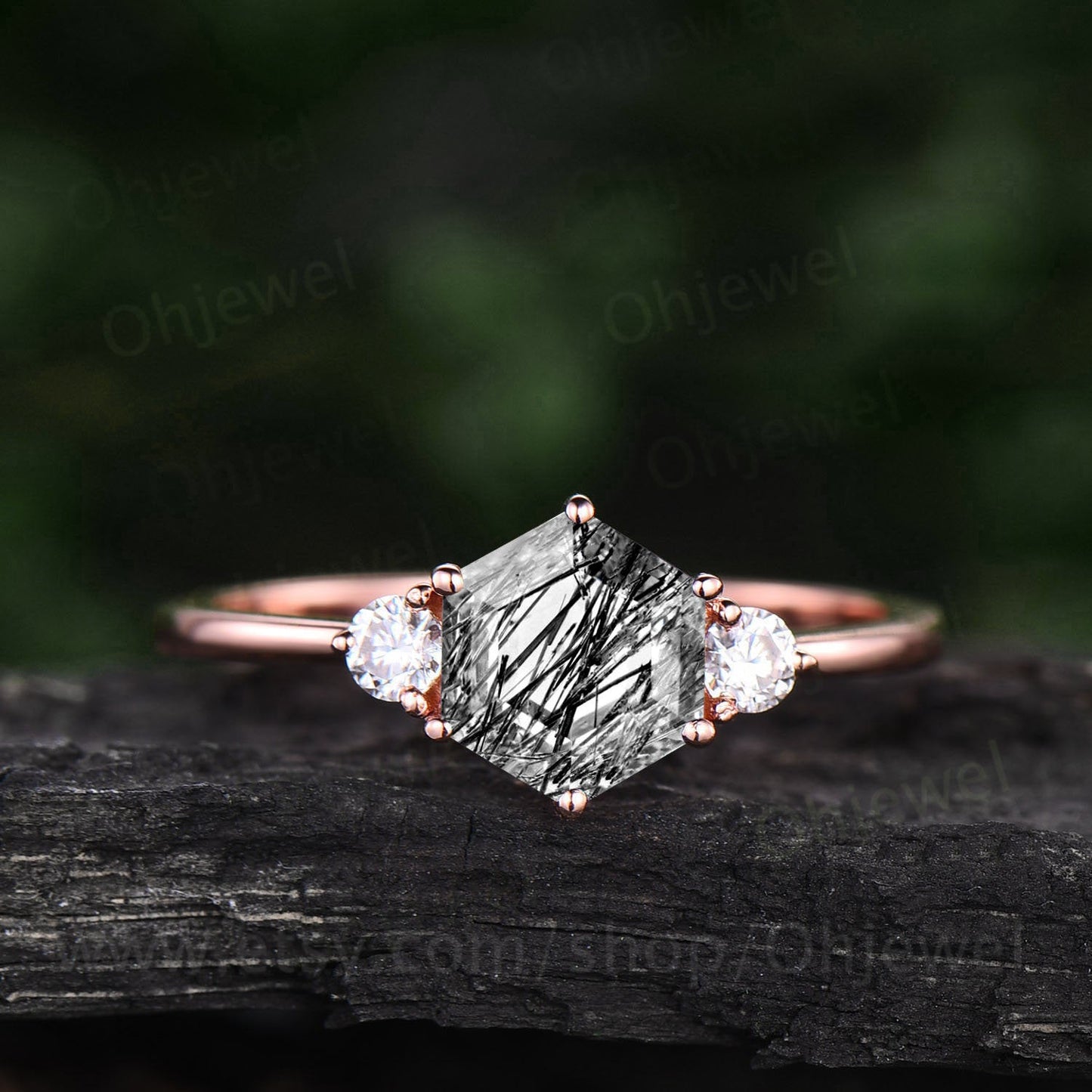 Hexagon black rutilated quartz engagement ring for women vintage three stone moissanite ring rose gold dainty ring silver anniversary ring