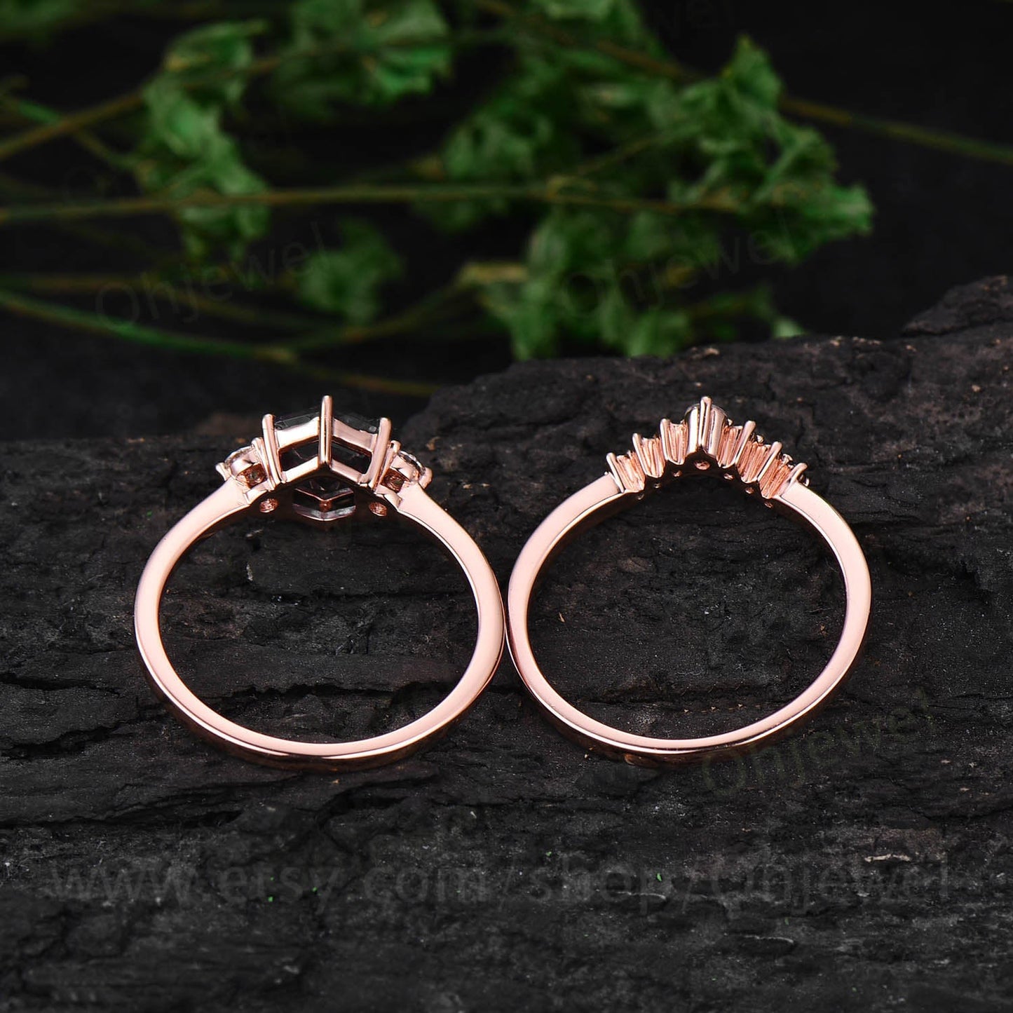 Hexagon black rutilated quartz engagement ring set three stone rose gold silver ring black diamond ring women moissanite wedding set gift