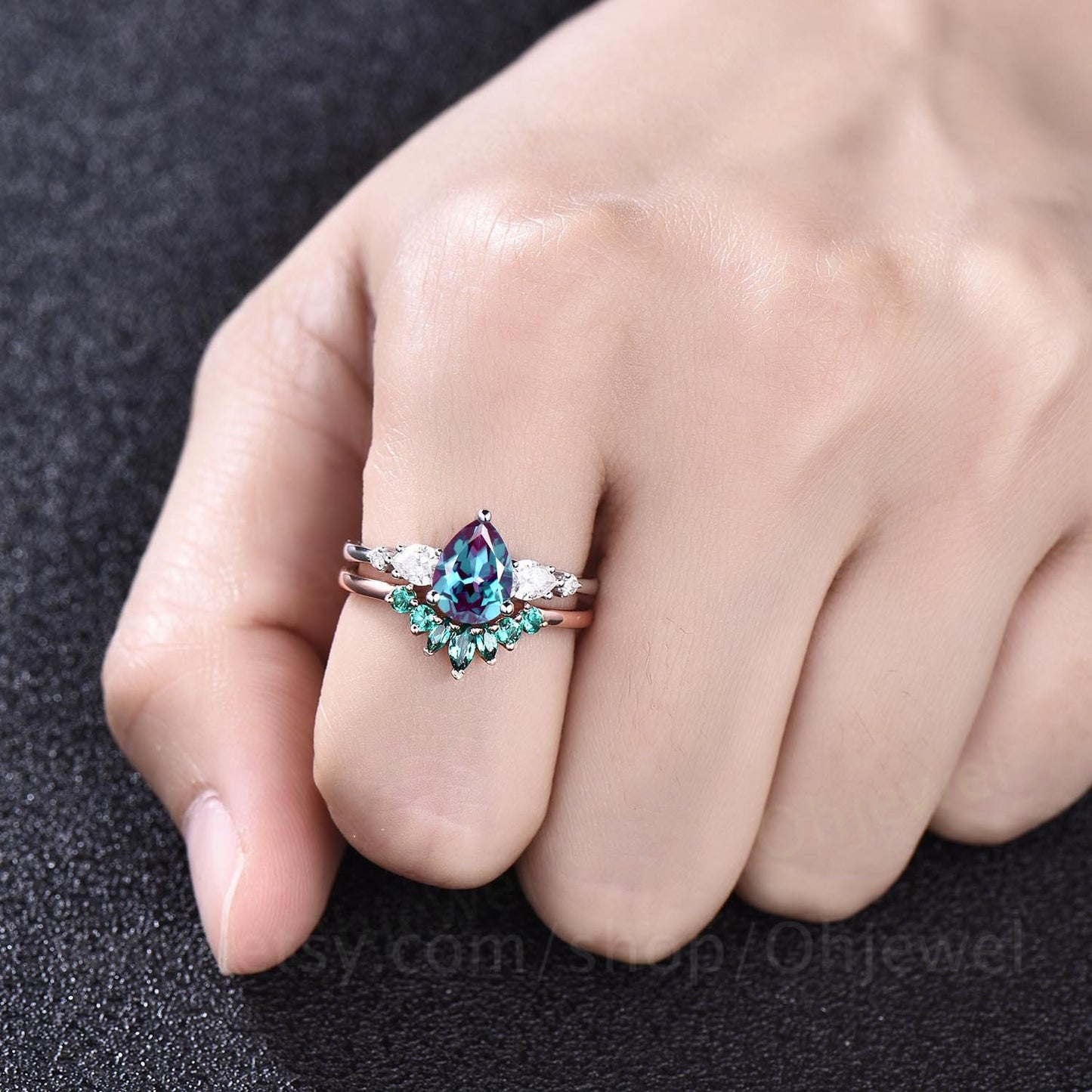 Vintage Alexandrite ring set rose gold silver women pear Alexandrite engagement ring set five stone moissantie ring art deco emerald ring