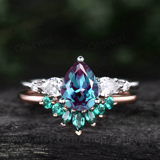 Vintage Alexandrite ring set rose gold silver women pear Alexandrite engagement ring set five stone moissantie ring art deco emerald ring