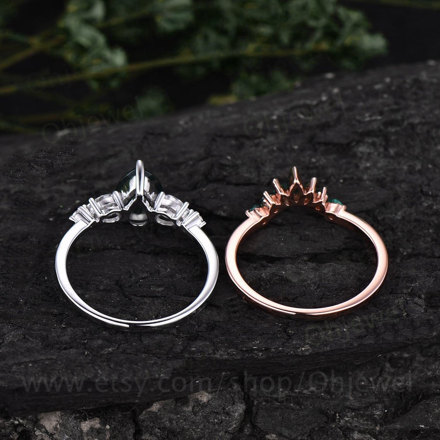 Vintage Alexandrite ring set rose gold silver women pear Alexandrite engagement ring set five stone moissantie ring art deco emerald ring