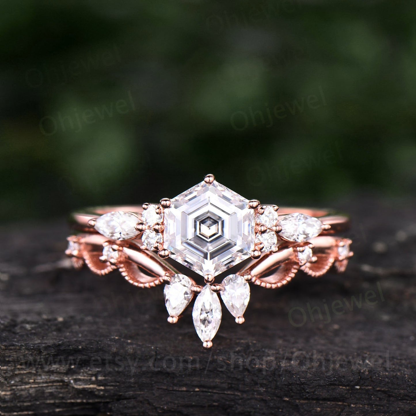 Hexagon moissanite engagement ring set art deco 7 stone rose gold marquise ring setting crown Milgrain wedding band anniversary ring set