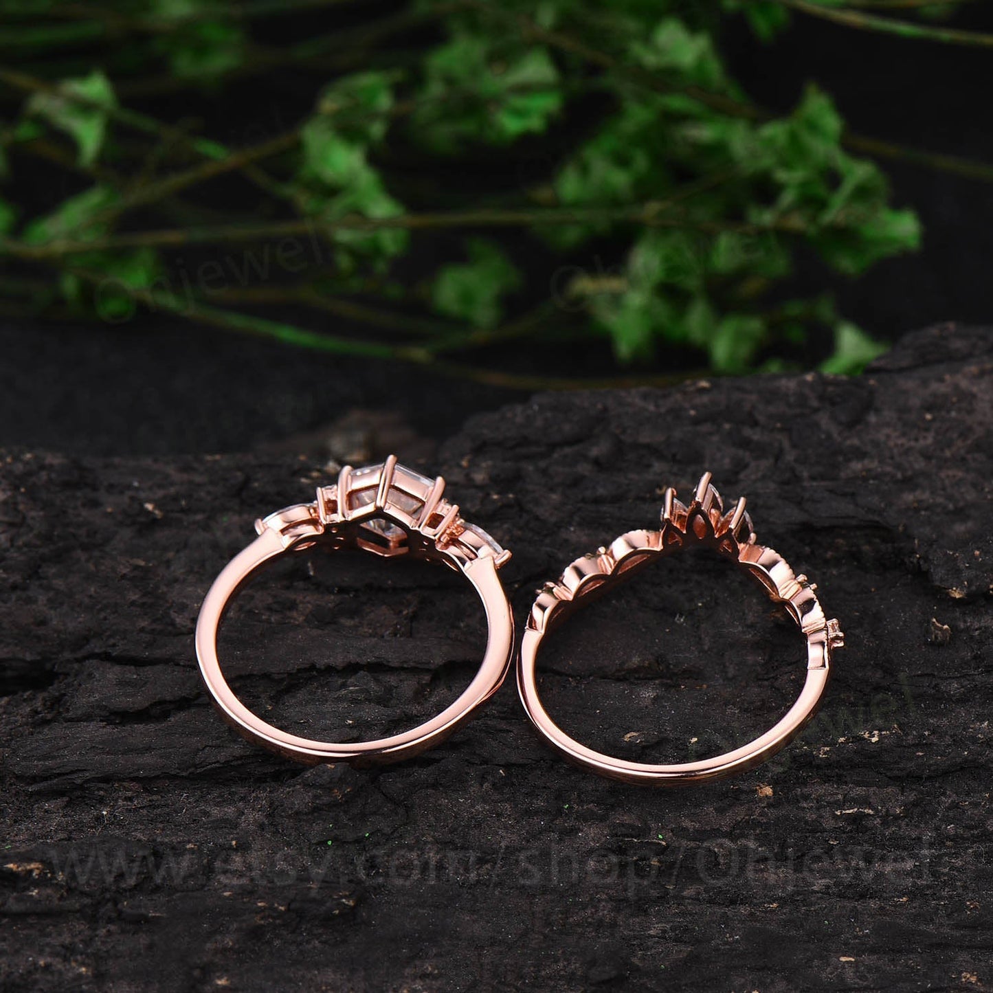 Hexagon moissanite engagement ring set art deco 7 stone rose gold marquise ring setting crown Milgrain wedding band anniversary ring set