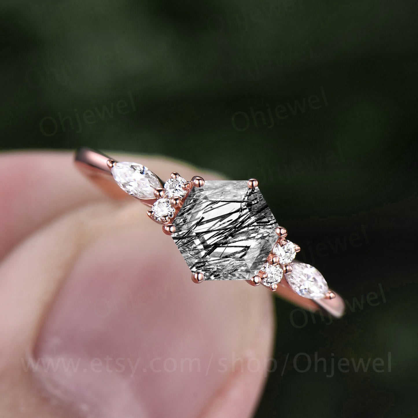 Hexagon black rutilated quartz engagement ring for women vintage art deco moissanite ring rose gold six prong anniversary promise ring gift