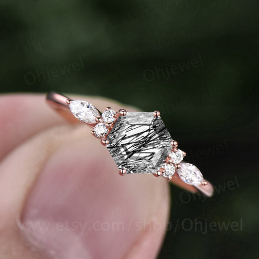 Hexagon black rutilated quartz engagement ring for women vintage art deco moissanite ring rose gold six prong anniversary promise ring gift