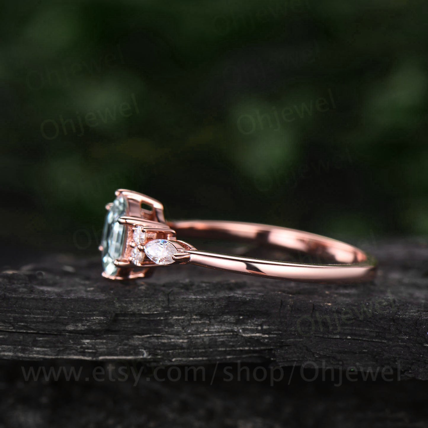 Hexagon moss agate ring dainty vintage green moss agate engagement ring art deco 7 stone moissanite ring rose gold for women promise ring