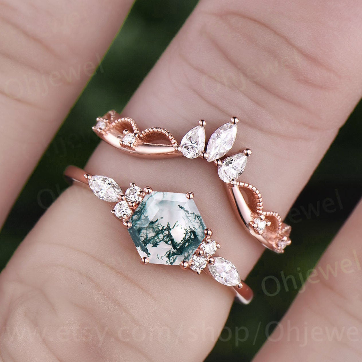 Hexagon moss agate engagement ring set art deco vintage moss agate ring rose gold silver ring dainty moissanite ring women birdal ring set
