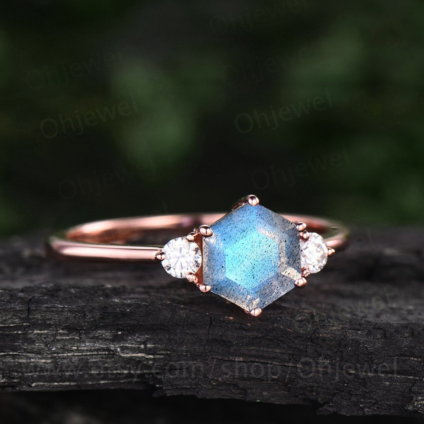 Hexagon Labradorite ring gold silver vintage Labradorite engagement ring three stone rose gold moissanite wedding bridal anniversary ring