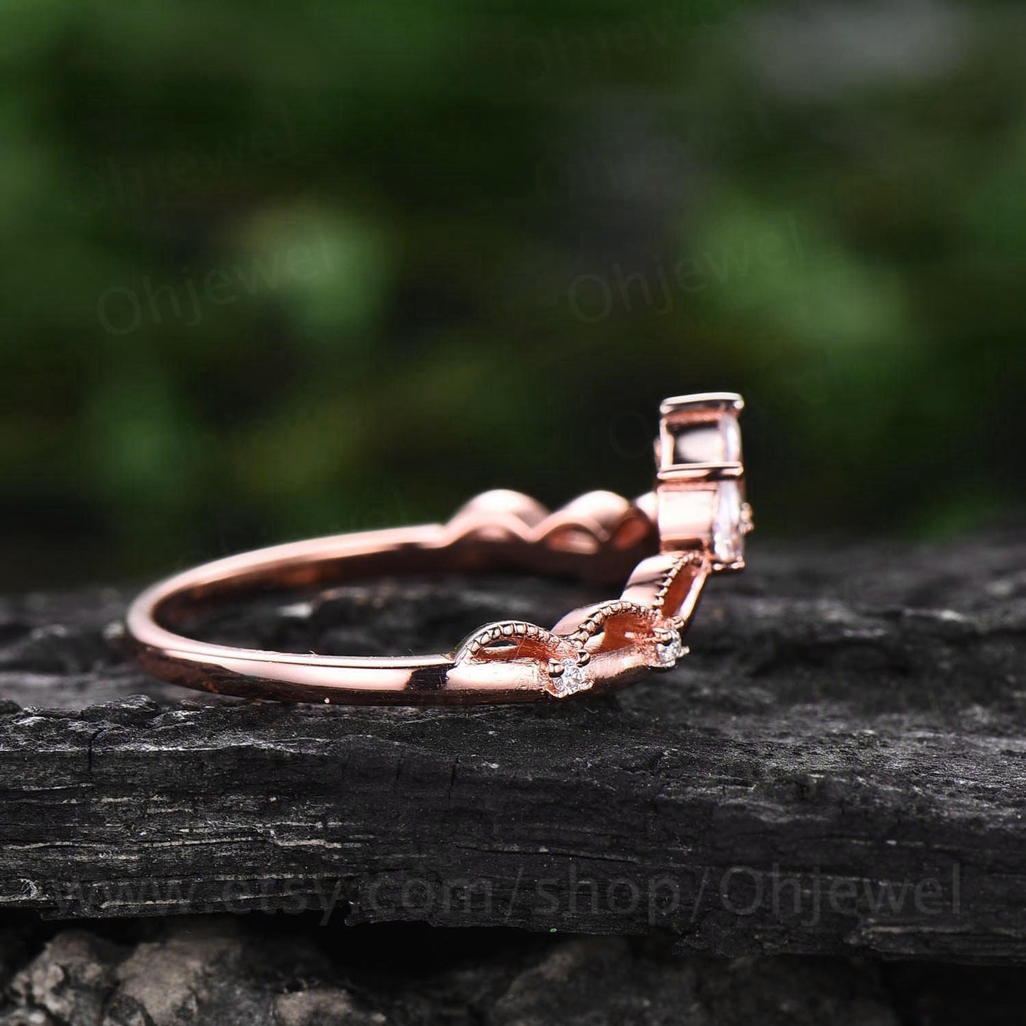 Art deco moissanite wedding band Milgrain crown wedding ring band vintage rose gold silver ring stacking ring women anniversary bridal ring