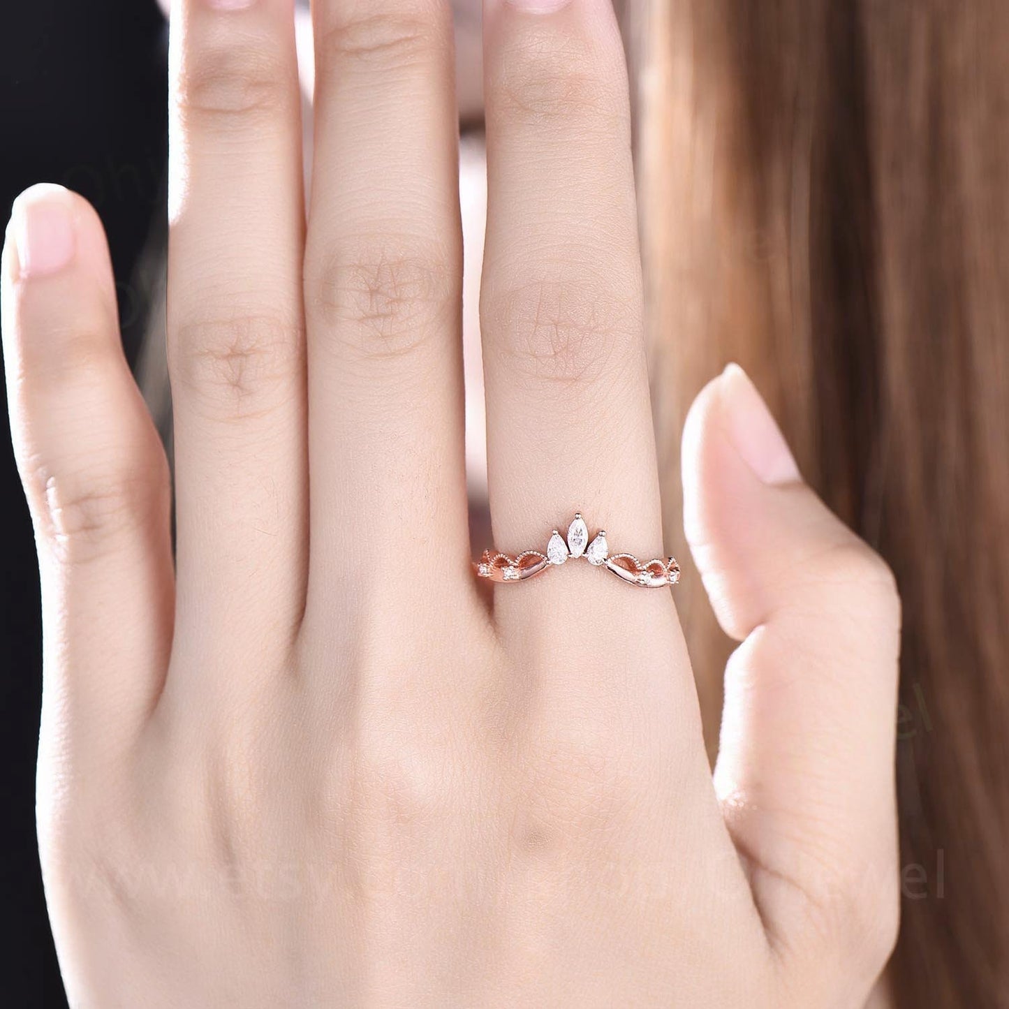 Art deco moissanite wedding band Milgrain crown wedding ring band vintage rose gold silver ring stacking ring women anniversary bridal ring