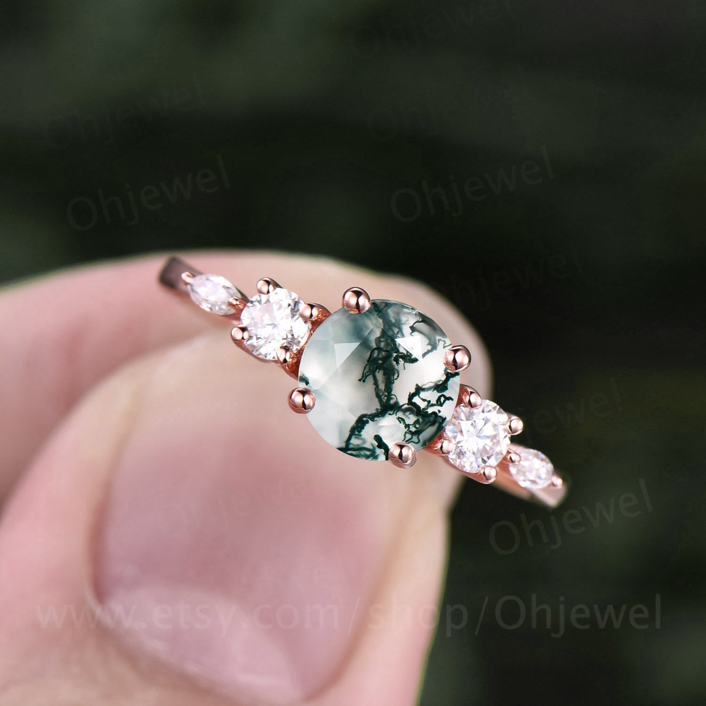 Round moss agate ring silver for women dainty vintage moss agate engagement ring art deco rose gold moissanite anniversary bridal ring gift