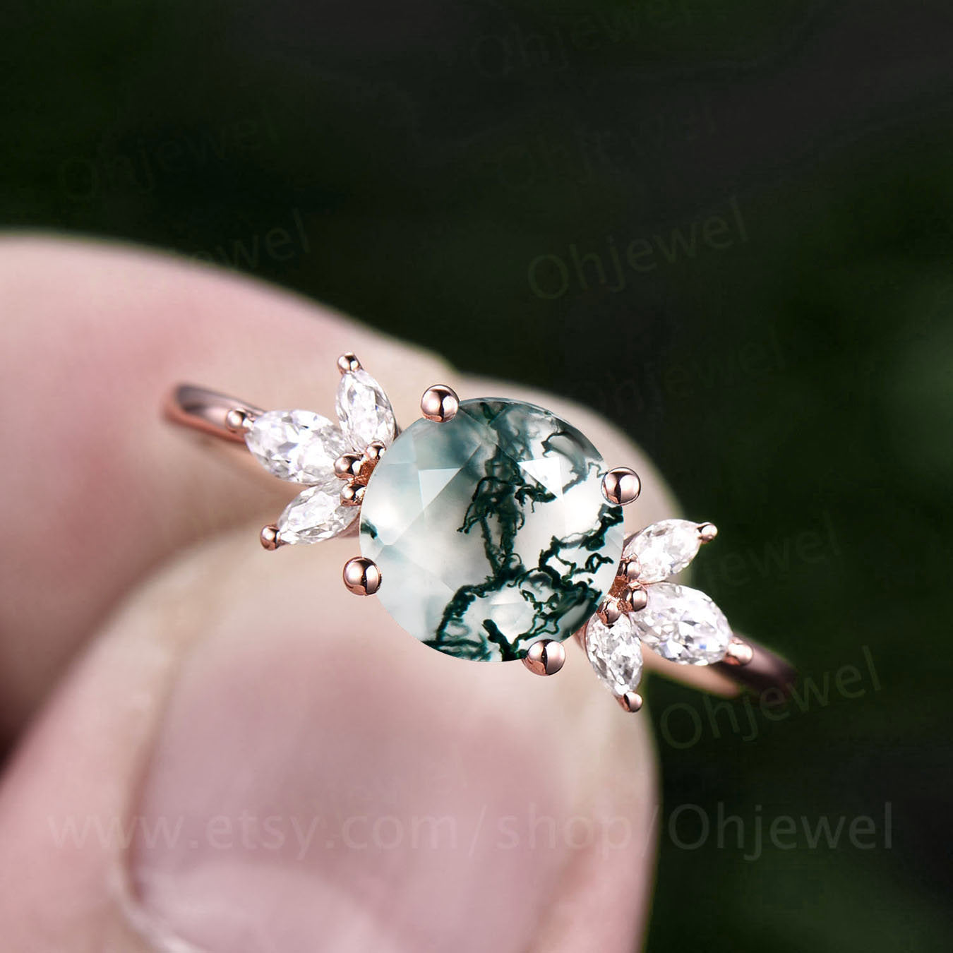 Round cut moss agate engagement ring vintage 7 stone rose gold ring marquise moissanite ring women unique wedding ring green moss ring gift