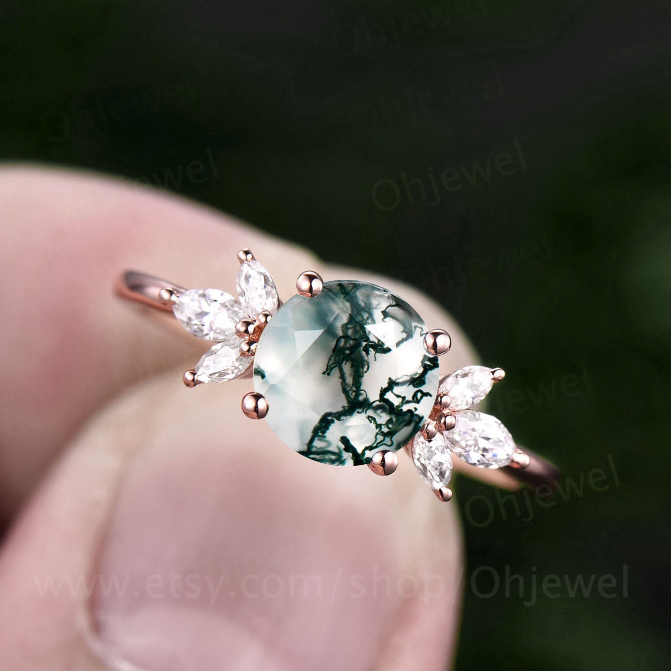 Unique vintage round cut green moss agate engagement ring 14k rose gold leaf flower ring marquise cut moissanite ring for women wedding ring