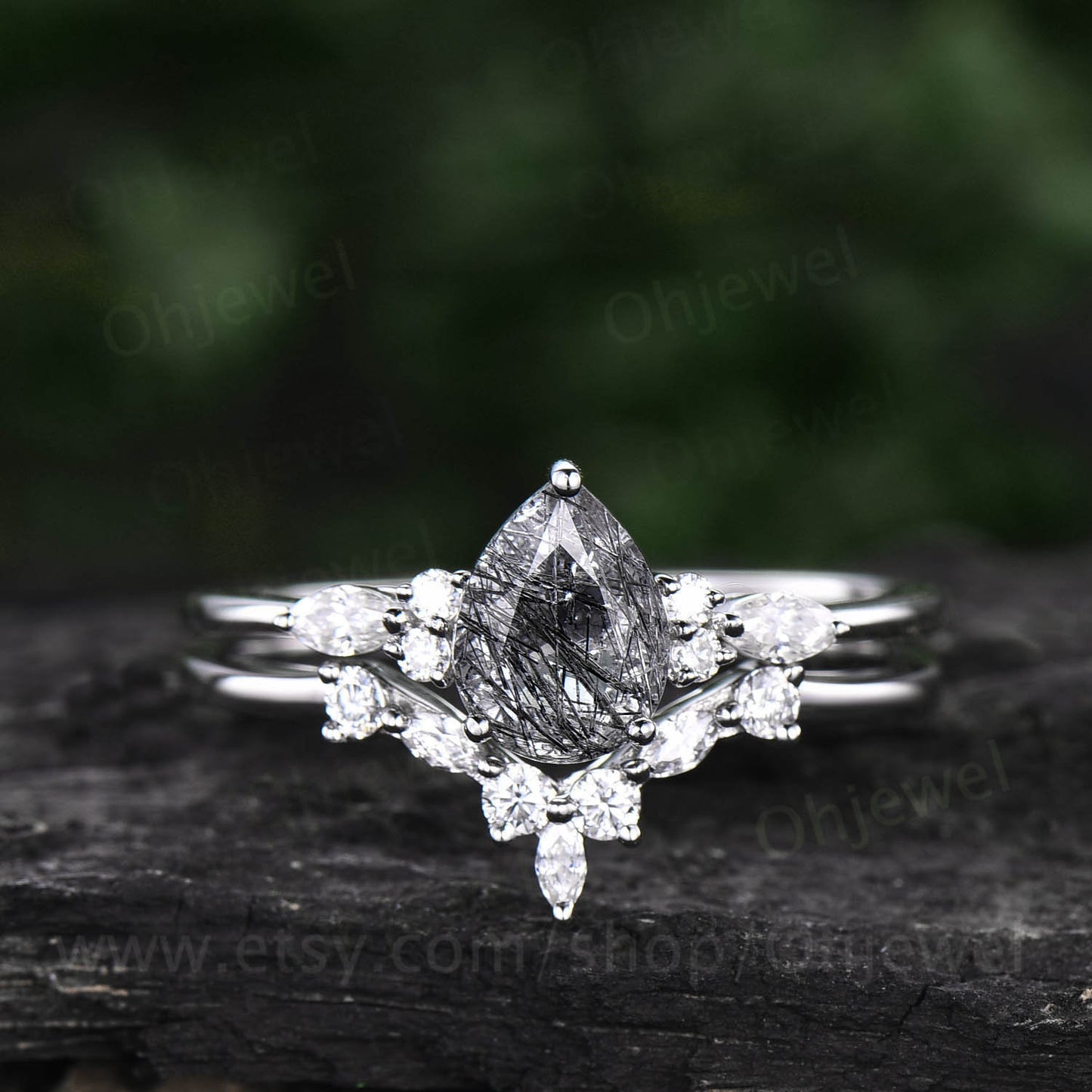 Pear shaped black rutilated quartz engagement ring set art deco rose gold silver vintage dainty moissanite bridal wedding ring set women