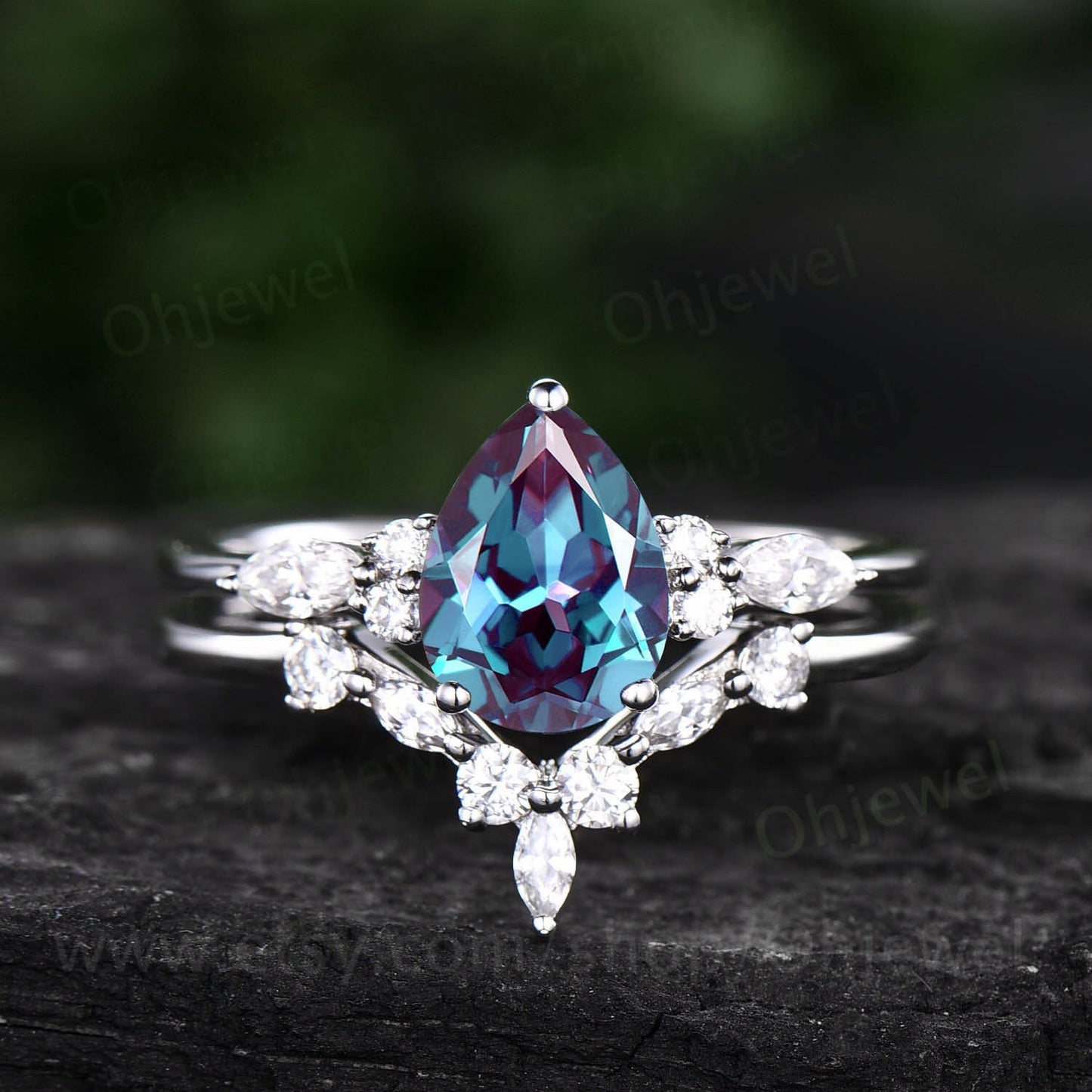 Unique pear shaped Alexandrite engagement ring set art deco vintage 14k rose gold marquise moissanite ring for women silver wedding ring set