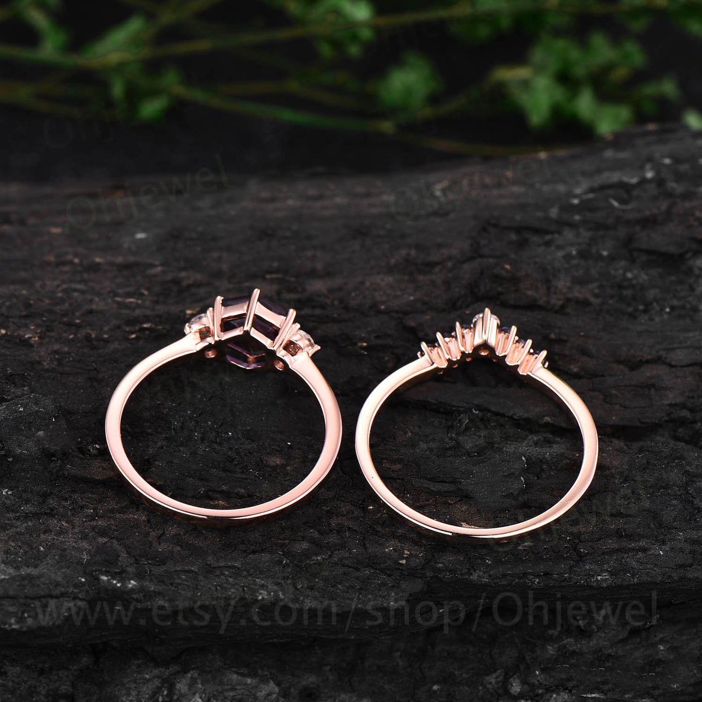 Hexagon alexandrite ring gold silver vintage alexandrite engagement ring set rose gold three stone moissanite bridal wedding ring set women