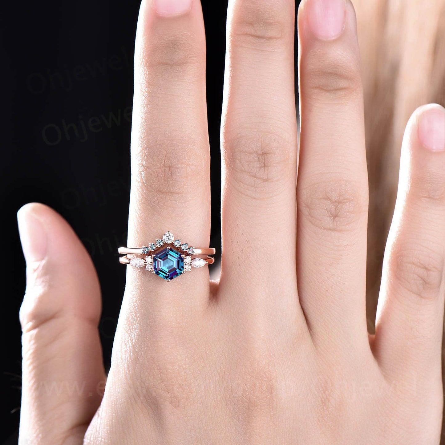 Hexagon Alexandrite ring for women vintage Alexandrite engagement ring set rose gold silver dainty ring art deco moissanite wedding ring set