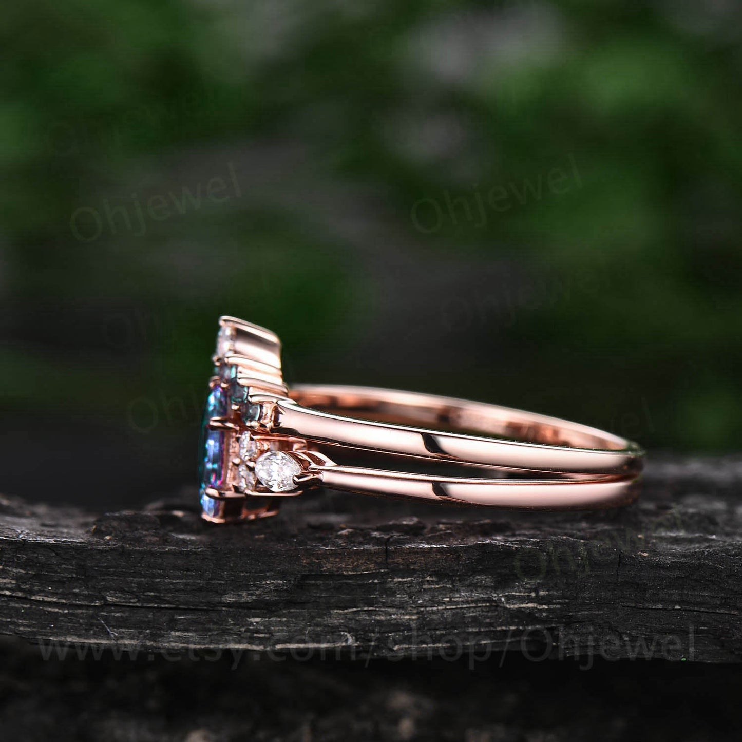 Hexagon Alexandrite ring for women vintage Alexandrite engagement ring set rose gold silver dainty ring art deco moissanite wedding ring set