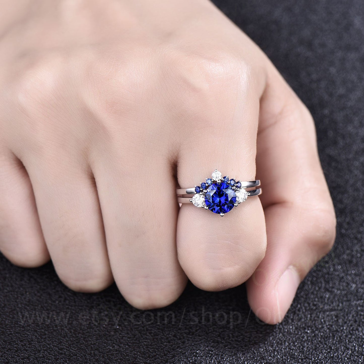 Vintage unique blue sapphire engagement ring set 14k rose gold three stone moissanite ring minimalist bridal wedding ring set for women gift