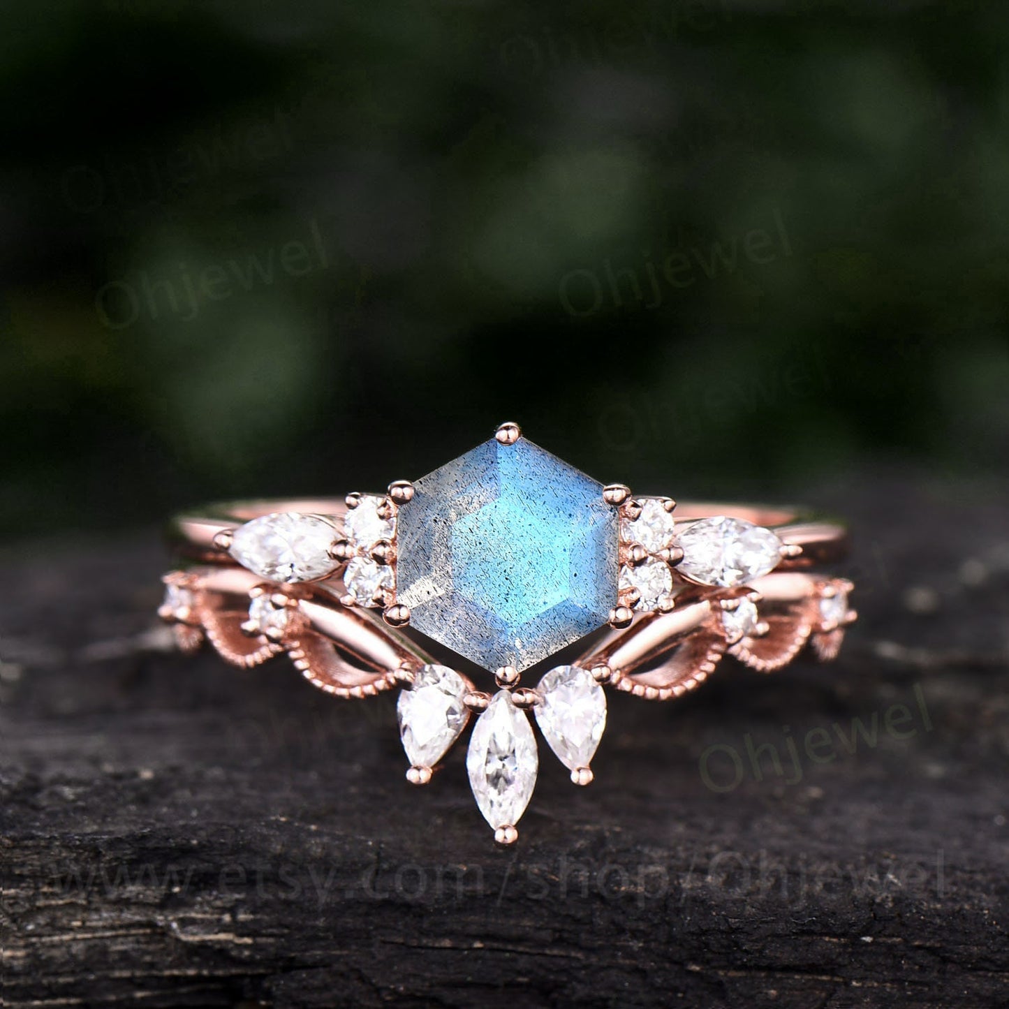 Hexagon Labradorite engagement ring set vintage Labradorite ring rose gold sterling silver women crown milgrain moissantie bridal ring set