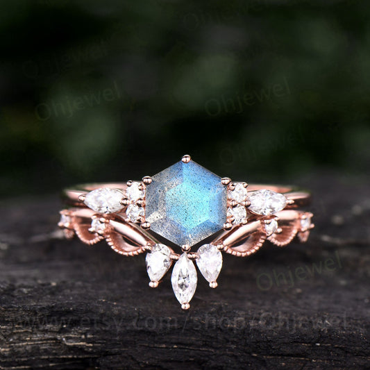 Hexagon Labradorite engagement ring set vintage Labradorite ring rose gold sterling silver women crown milgrain moissantie bridal ring set