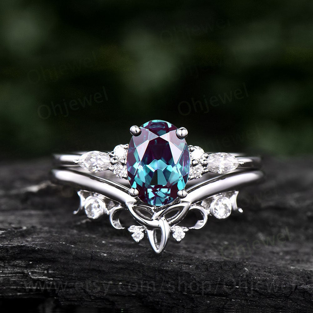 Unique vintage Oval cut Alexandrite engagement ring set rose gold art deco moissanite wedding ring set for women norse viking ring Jewelry