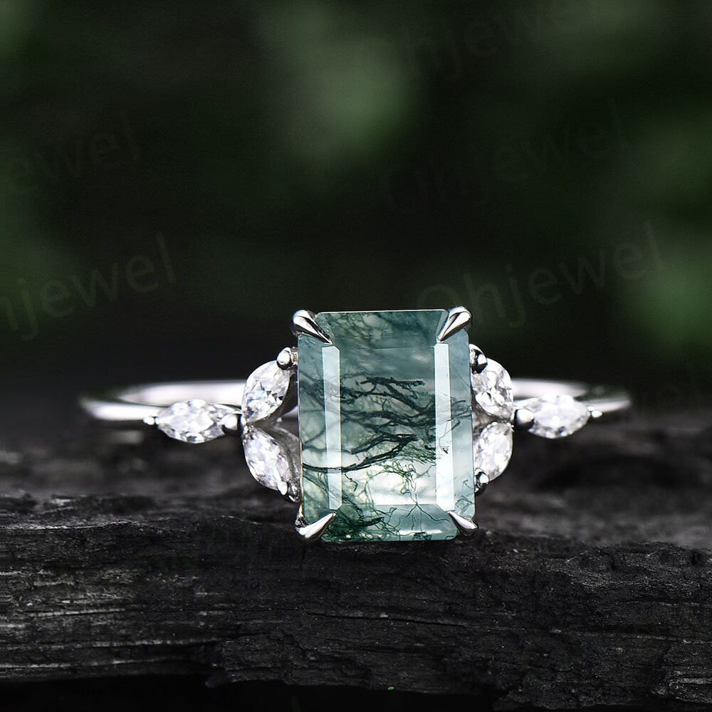 Green moss agate ring vintage moss agate engagement ring rose gold flower unique emerald cut engagement ring art deco moissanite bridal ring