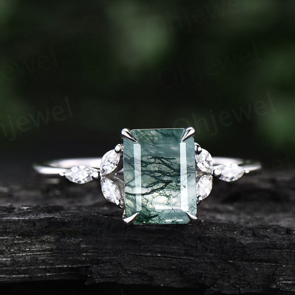 Moss agate ring vintage emerald cut moss agate engagement ring art deco flower 7 stone marquise moissanite ring rose gold silver for women