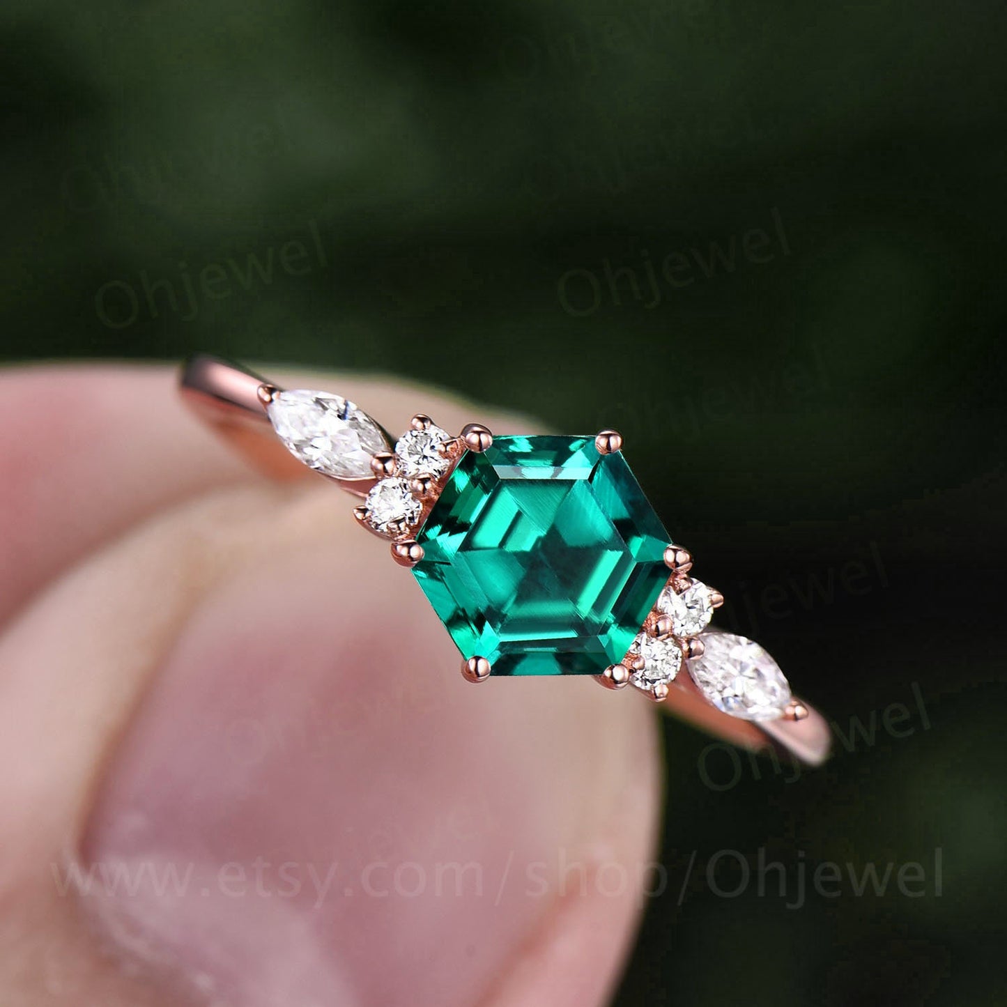 Hexagon emerald ring dainty vintage emerald engagement ring 7 stone marquise moissanite ring rose gold silver for women bridal promise ring