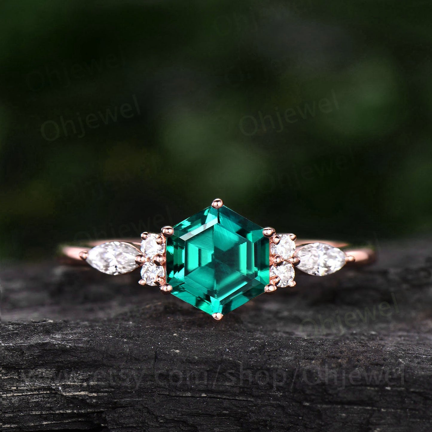 Hexagon emerald ring dainty vintage emerald engagement ring 7 stone marquise moissanite ring rose gold silver for women bridal promise ring
