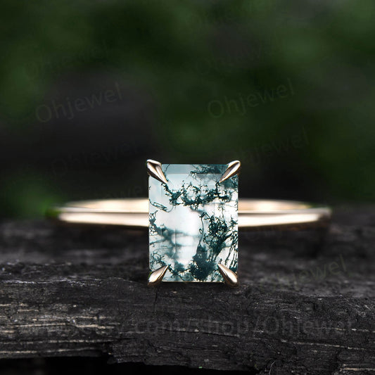 Green moss agate ring vintage dainty solitaire emerald cut moss agate engagement ring gold sterling silver for women Minimalist bridal ring