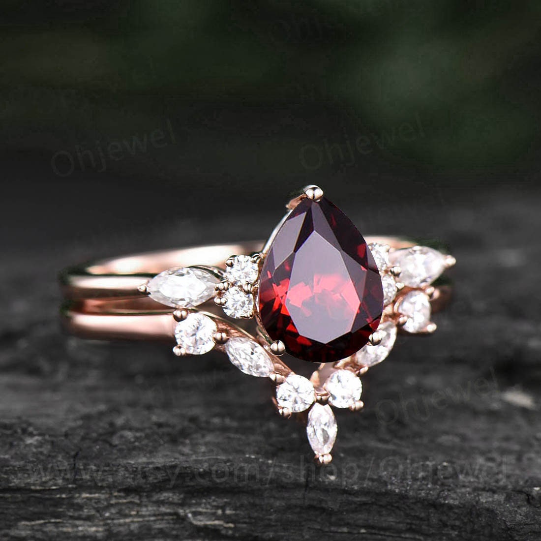 Pear cut garnet engagement ring set vintage garnet ring gold sterling silver for women marquise moissanite ring set 7 stone ring bridal set