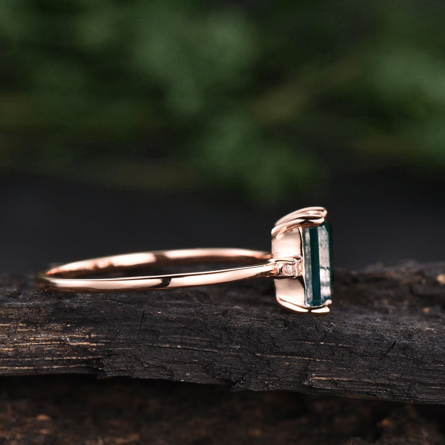 Three stone moss agate ring vintage emerald cut moss agate engagement ring for women rose gold silver Minimalist moissanite wedding ring