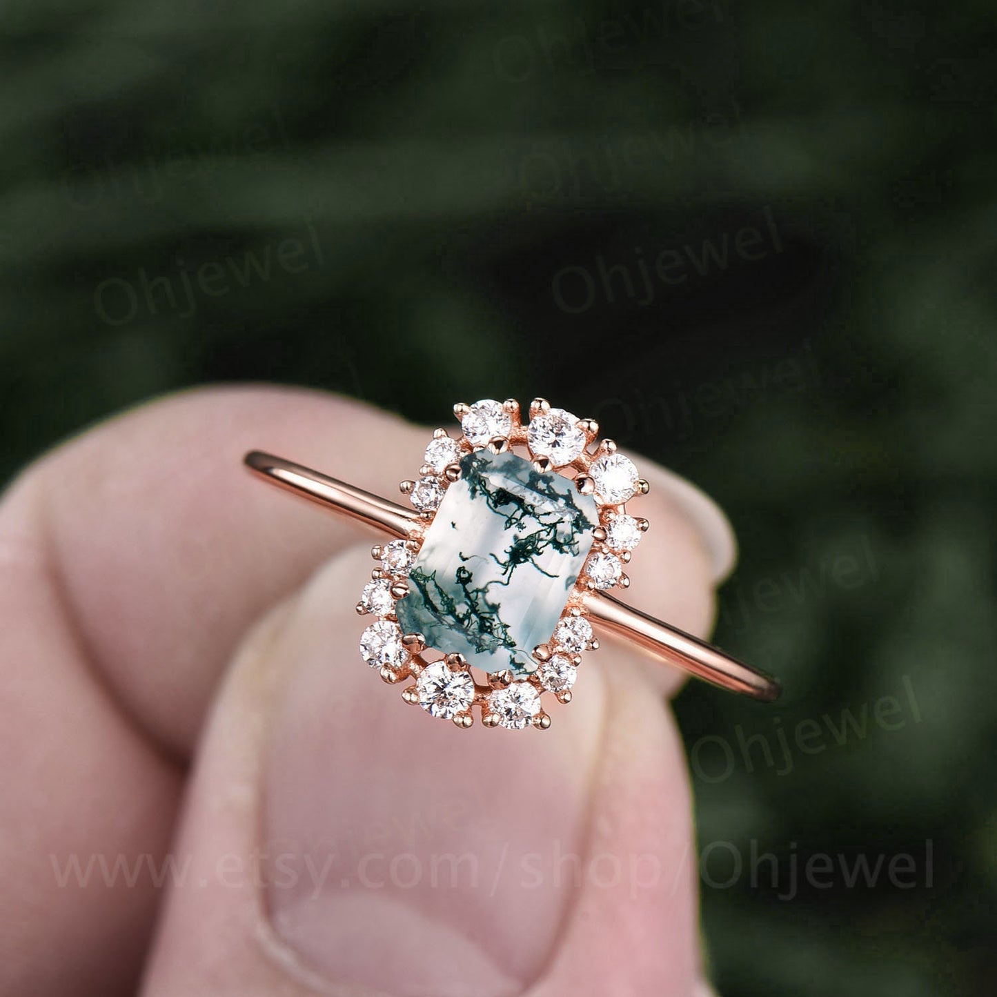Unique moss agate ring emerald cut moss agate engagement ring for women vintage cluster halo moissanite ring gold silver dainty jewelry gift