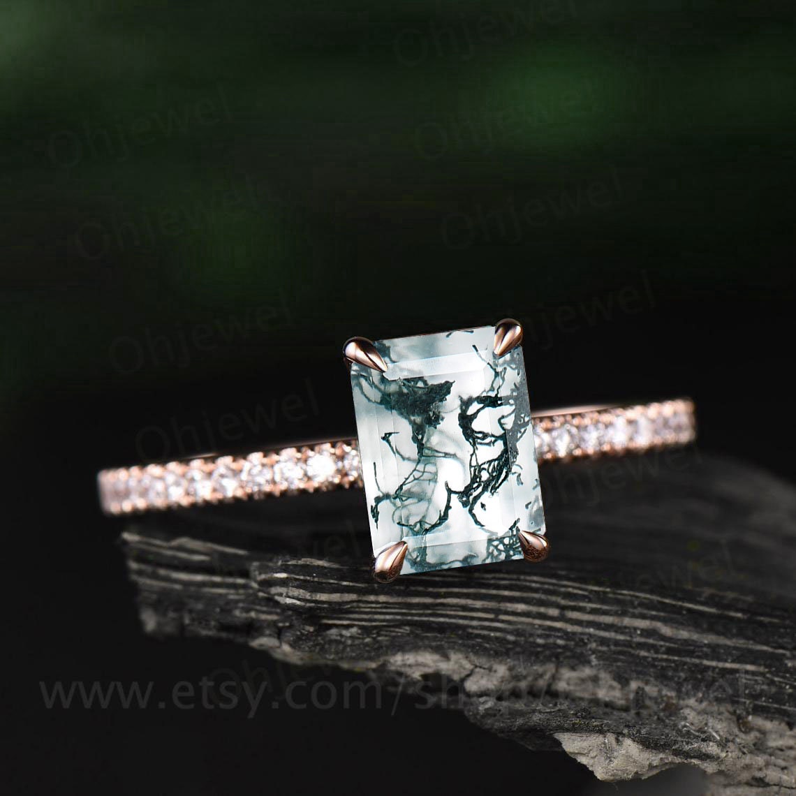 Green moss agate ring unique emerald cut moss agate engagement ring vintage eternity diamond ring for women solid gold sterling silver ring